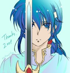Rule 34 | 1boy, blue eyes, blue hair, cape, fire emblem, fire emblem: genealogy of the holy war, headband, holding, holding sword, holding weapon, long hair, looking at viewer, male focus, nintendo, seliph (fire emblem), solo, sword, weapon