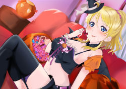 Rule 34 | 1girl, :p, artist request, ayase eli, basket, belt, black detached collar, black dress, black hat, black legwear, black pants, black shorts, black wings, blonde hair, blue eyes, blush, bow, breasts, candy, cleavage, cnady, collarbone, cross-laced clothes, cross-laced dress, detached collar, dress, female focus, food, frilled dress, frills, garter straps, hair between eyes, hair ornament, hair scrunchie, hat, highres, holding, holding candy, holding food, jack-o&#039;-lantern, long hair, looking at viewer, love live!, love live! school idol festival, love live! school idol project, medium breasts, midriff, mini hat, moon print, navel, on chair, pants, parted lips, pink belt, pink ribbon, pink scrunchie, ponytail, puffy short sleeves, puffy sleeves, pumpkin, pumpkin print, ribbon, scrunchie, short sleeves, shorts, sitting, smile, solo, tongue, tongue out, which hat, white bow, white wrist cuffs, wings, wrist cuffs, yui (pixiv56455358)