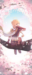 Rule 34 | 1boy, aether (genshin impact), ahoge, arm armor, artist name, back, blonde hair, blue sky, boots, braid, branch, brown footwear, brown gloves, brown pants, cherry blossoms, closed mouth, commentary request, day, flower, from behind, genshin impact, gloves, gradient sky, hair between eyes, hair ornament, hand up, high heels, highres, long hair, looking at viewer, looking back, male focus, orange eyes, outdoors, pants, petals, pink flower, scarf, sg (under siiiiii), sitting, sky, smile, solo, tree, watermark, white scarf, white sky