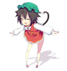 Rule 34 | 1girl, animal ears, brown hair, cat ears, cat girl, cat tail, chen, earrings, closed eyes, female focus, full body, happy, harano, hat, heart, heart tail, jewelry, multiple tails, outstretched arms, perspective, shadow, short hair, solo, spread arms, tail, touhou