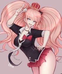 Rule 34 | 1girl, absurdres, arm up, artist name, bad id, bad pixiv id, bare legs, bear hair ornament, black bra, black shirt, blonde hair, blue eyes, bow, bra, breasts, cleavage, clothes lift, collarbone, commentary, crown, danganronpa: trigger happy havoc, danganronpa (series), english commentary, enoshima junko, fingernails, grey background, hair ornament, hand on own hip, happy, highres, jewelry, large breasts, long eyelashes, long hair, looking at viewer, miniskirt, multicolored neckwear, nail polish, necklace, necktie, open mouth, pointing, pointing up, red nails, red ribbon, red skirt, ribbon, school uniform, shirt, simple background, skirt, skirt lift, sleeves rolled up, solo, spoilers, twintails, underwear, user sumd2753, very long hair
