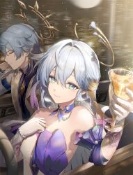 Rule 34 | 1boy, 1girl, aqua eyes, bare shoulders, blue hair, brother and sister, closed eyes, commentary, cup, detached sleeves, dress, drinking glass, gloves, highres, holding, holding cup, honkai: star rail, honkai (series), isobe47, long hair, looking at viewer, robin (honkai: star rail), short sleeves, siblings, smile, strapless, strapless dress, sunday (honkai: star rail), upper body, very long hair, white gloves, wine glass
