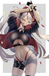 Rule 34 | 1girl, arms up, azur lane, black gloves, breasts, cross, gloves, grey background, half gloves, headgear, highres, iron cross, jacket, large breasts, long hair, looking at viewer, microphone, official alternate costume, open clothes, open jacket, panty straps, prinz eugen (azur lane), prinz eugen (final lap) (azur lane), purple jacket, race queen, red hair, short shorts, shorts, skindentation, standing, syu.mu, taut clothes, taut shorts, thighhighs, twintails, two-tone background, underboob, very long hair, white hair, white thighhighs, yellow eyes