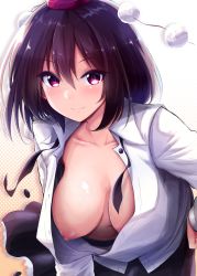 Rule 34 | 1girl, black hair, black skirt, blush, breasts, brown eyes, buttons, chipa (arutana), closed mouth, collared shirt, commentary request, downblouse, extended downblouse, hair between eyes, hand on own hip, hat, large breasts, leaning forward, long sleeves, looking at viewer, navel, nipples, no bra, pom pom (clothes), popped button, puffy nipples, shameimaru aya, shirt, short hair, skirt, smile, solo, tokin hat, touhou, unbuttoned, unbuttoned shirt, upper body, veins, veiny breasts, wardrobe malfunction, white shirt