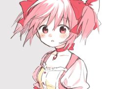 Rule 34 | 1girl, arms at sides, boyano, breasts, buttons, center frills, choker, close-up, collarbone, dot nose, expressionless, facing viewer, floating hair, frills, grey background, hair ribbon, kaname madoka, light blush, looking afar, mahou shoujo madoka magica, mahou shoujo madoka magica (anime), parted lips, pink choker, pink eyes, pink hair, pink ribbon, puffy short sleeves, puffy sleeves, ribbon, ribbon choker, short sleeves, short twintails, simple background, small breasts, solo, soul gem, tareme, twintails, two-tone background, upper body, white background, wide-eyed