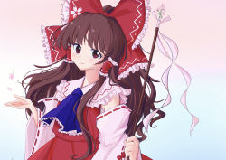 Rule 34 | 1girl, ascot, blush, bow, brown hair, detached sleeves, frilled bow, frilled shirt collar, frills, gradient background, hair bow, hair tubes, hakurei reimu, highres, long hair, looking at viewer, red bow, red eyes, red skirt, ribbon-trimmed sleeves, ribbon trim, skirt, smile, solo, touhou, uzumibi, wide sleeves