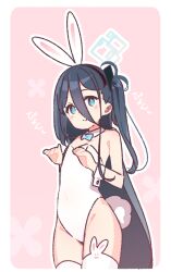 Rule 34 | 1girl, alternate costume, animal ears, aris (blue archive), black hair, blue archive, blue eyes, bow, bowtie, commentary request, detached collar, flat chest, hair between eyes, halo, leotard, looking at viewer, pink background, playboy bunny, rabbit ears, rabbit tail, side ponytail, smile, solo, tail, thighhighs, white leotard, white thighhighs, wrist cuffs, yoru nai