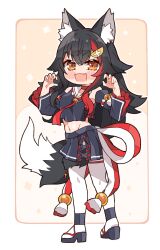 Rule 34 | 1girl, animal ear fluff, animal ears, black footwear, black hair, black shirt, black skirt, cropped shirt, hair ornament, hairpin, highres, hololive, kukie-nyan, looking at viewer, multicolored hair, ookami mio, ookami mio (1st costume), open mouth, pantyhose, red hair, shirt, skirt, smile, solo, streaked hair, tail, tail around own leg, virtual youtuber, white pantyhose, wolf ears, wolf girl, wolf tail, yellow eyes