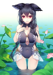 Rule 34 | 1girl, :d, absurdres, bare arms, bare shoulders, black hair, black one-piece swimsuit, bracelet, braid, breasts, casual one-piece swimsuit, cleavage, cleavage cutout, clothing cutout, commentary request, covered navel, erune, gluteal fold, granblue fantasy, grin, hands on own chest, heart, heart-shaped pupils, highres, jewelry, large breasts, lily pad, long hair, looking at viewer, may (2747513627), nail polish, nier (granblue fantasy), nier (lover by the lily lake) (granblue fantasy), one-piece swimsuit, open mouth, pink nails, red eyes, shaded face, smile, solo, standing, swimsuit, symbol-shaped pupils, twin braids, very long hair, wading, water, water drop, wet, wet hair