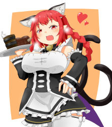 Rule 34 | 1girl, \||/, alternate costume, animal ears, bell, braid, breasts, cat ears, cat girl, cat tail, enmaided, extra ears, fang, heart, highres, himenomikan, kaenbyou rin, large breasts, maid, multiple tails, neck bell, open mouth, orange background, pointy ears, red hair, skin fang, solo, tail, thighhighs, touhou, tray, two tails