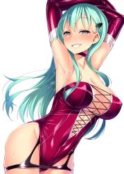 Rule 34 | 10s, 1girl, alternate costume, aqua eyes, aqua hair, armpits, arms up, bare shoulders, blush, breasts, choker, christmas tree hair ornament, cleavage, collarbone, covered erect nipples, covered navel, cowboy shot, cross-laced clothes, elbow gloves, gloves, grin, groin, hair ornament, hairclip, half-closed eyes, highres, kantai collection, large breasts, leaning forward, leotard, long hair, looking at viewer, parted lips, pink gloves, pink leotard, satou kuuki, shiny skin, simple background, skin tight, smile, solo, standing, strapless, strapless leotard, suzuya (kancolle), sweat, teeth, white background