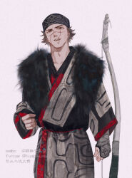 Rule 34 | 1boy, adapted costume, ainu, ainu clothes, alternate costume, bow (weapon), facial scar, golden kamuy, hat, headband, japanese clothes, kimono, looking at viewer, male focus, planted, scar, scar on cheek, scar on face, scar on mouth, scar on nose, short hair, simple background, solo, suaipixiuxiu, sugimoto saichi, weapon
