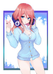 Rule 34 | 1girl, absurdres, blue cardigan, blue eyes, blush, breasts, buttons, cardigan, cellphone, chestnut mouth, cleavage, collarbone, collared shirt, cowboy shot, gluteal fold, go-toubun no hanayome, hair between eyes, hands up, headphones, highres, holding, holding headphones, holding phone, large breasts, lebring, long hair, looking at viewer, nakano miku, no pants, panties, parted lips, phone, red hair, school uniform, shirt, sidelocks, solo, standing, thighs, undershirt, underwear, white panties, white shirt