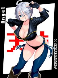 1girl angel_(kof) bent_over blue_eyes boots breasts cleavage female_focus gloves jonathan5275 large_breasts leather one_eye_closed pale_skin panties short_hair smile smiley_face solo the_king_of_fighters thighs underwear white_hair wide_hips