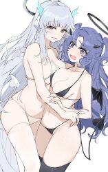 Rule 34 | 2girls, absurdres, bare arms, bare shoulders, bikini, black bikini, black horns, black tail, black thighhighs, black wings, blue archive, blush, breasts, cameltoe, collarbone, demon tail, demon wings, grey hair, halo, head wings, highres, horns, large breasts, long hair, looking at viewer, mechanical halo, medium breasts, multiple girls, noa (blue archive), open mouth, purple eyes, purple hair, simple background, smile, swimsuit, tail, thighhighs, two side up, urosu (678 ner), white background, white bikini, white tail, white thighhighs, white wings, wings, yuuka (blue archive)