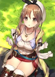 Rule 34 | 1girl, atelier (series), atelier ryza, atelier ryza 1, belt, blush, breasts, brown eyes, brown hair, cleavage, hair ornament, hairclip, hat, highres, jewelry, large breasts, looking at viewer, necklace, open mouth, red shorts, reisalin stout, short shorts, shorts, sitting, solo, thighhighs, thighs, yoshizawa tsubaki