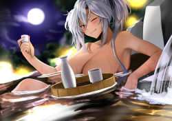 Rule 34 | 1girl, ;), blush, bottle, breasts, closed mouth, cloud, commentary request, convenient censoring, cup, dark-skinned female, dark skin, full moon, glass, hair between eyes, highres, holding, holding cup, kantai collection, large breasts, long hair, looking at viewer, moon, musashi (kancolle), musashi kai ni (kancolle), night, night sky, nude, one eye closed, onsen, partially submerged, red eyes, sky, smile, solo, twintails, water, wet, white hair, yunamaro
