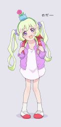 Rule 34 | 1girl, :d, aikatsu! (series), backpack, bag, blush, dress, flower, flower on head, full body, futaba aria, green hair, grey background, head tilt, highres, jacket, long sleeves, looking at viewer, mary janes, open mouth, osame, pigeon-toed, plant, potted plant, purple eyes, purple jacket, randoseru, shoes, simple background, smile, socks, solo, twintails, white dress, white socks