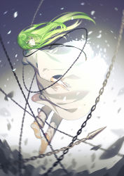 Rule 34 | 1boy, barefoot, chain, closed mouth, debris, enkidu (fate), enkidu (weapon) (fate), fate/strange fake, fate (series), fhalei, from behind, full body, green eyes, green hair, highres, long hair, long sleeves, looking at viewer, looking back, male focus, robe, solo, white robe