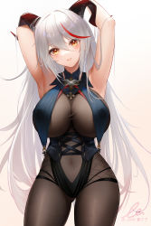 Rule 34 | 1girl, aegir (azur lane), armpits, arms behind head, arms up, azur lane, bare arms, blush, bodystocking, breast curtains, breasts, brown eyes, chinese commentary, cleavage, commentary request, covered navel, cowboy shot, demon horns, gluteal fold, hair between eyes, highres, horns, large breasts, liu liaoliao, long hair, looking at viewer, multicolored hair, parted lips, red hair, signature, simple background, solo, standing, streaked hair, twitter username, very long hair, white background, white hair