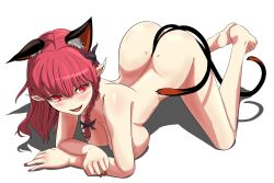 Rule 34 | &gt;:d, 1girl, :d, all fours, animal ears, arched back, arm support, ass, barefoot, black ribbon, blush, braid, breasts, cat ears, cat tail, cleavage, dimples of venus, feet, fingernails, hair between eyes, hair ribbon, hanging breasts, highres, kaenbyou rin, knees apart feet together, large breasts, multiple tails, nail polish, nekomata, nude, open mouth, red eyes, red hair, red nails, ribbon, short hair, simple background, single braid, slit pupils, smile, solo, spread legs, tail, teeth, toes, touhou, two tails, v-shaped eyebrows, white background, yaruku