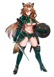 Rule 34 | 1girl, abs, absurdres, animal ear fluff, animal ears, armor, bikini armor, breasts, brown hair, closed mouth, clothing cutout, fox ears, fox girl, fox tail, full body, glaring, highres, holding, holding shield, holding sword, holding weapon, large breasts, long hair, looking at viewer, muscular, muscular female, original, purple eyes, sahara1127, shield, shoulder armor, simple background, solo, standing, stomach cutout, sword, tail, thighhighs, thighs, underboob, underboob cutout, very long hair, weapon, white background