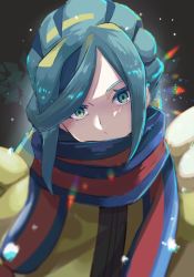 Rule 34 | 1boy, aqua eyes, aqua hair, blurry, coat, commentary request, creatures (company), depth of field, game freak, grusha (pokemon), head tilt, highres, looking at viewer, male focus, multicolored hair, nintendo, pokemon, pokemon sv, red scarf, scarf, snowing, solo, ssn (sasa8u9r), two-tone scarf, upper body, yellow coat