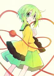Rule 34 | 1girl, asameshi, blush stickers, commentary, feet out of frame, frilled sleeves, frills, from side, green eyes, green hair, green skirt, hand up, heart, heart of string, highres, komeiji koishi, looking at viewer, looking back, no headwear, no headwear, open mouth, shirt, short hair, simple background, skirt, sleeves past fingers, sleeves past wrists, solo, third eye, touhou, wide sleeves, yellow shirt
