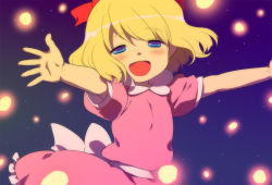 Rule 34 | 1girl, blonde hair, blue eyes, blush, bow, child, dress, face, hair bow, hair ribbon, happy, mother (game), mother 2, night, nintendo, open mouth, outstretched arms, paula (mother 2), ribbon, senntakuya, short hair, smile, solo, sparkle, spread arms