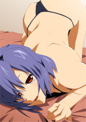 Rule 34 | 1girl, ass, bent over, black panties, blue hair, blurry, brown eyes, depth of field, female focus, foreshortening, looking at viewer, lying, no pants, on stomach, open mouth, panties, panties only, red eyes, shin&#039;ya (nanp), short hair, solo, thong, top-down bottom-up, topless, touhou, underwear, underwear only, yasaka kanako