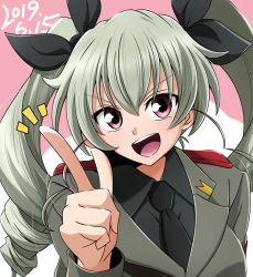 Rule 34 | 1girl, anchovy (girls und panzer), anzio military uniform, black shirt, blouse, dated, drill hair, epaulettes, girls und panzer, green hair, kirisaki reina, long hair, long sleeves, one eye closed, open mouth, pointing, red eyes, shirt, smile, solo, teeth, tongue, twin drills, v-shaped eyebrows