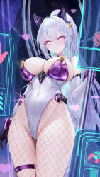 Rule 34 | 1girl, absurdres, age fx, animal ears, azur lane, black gloves, breasts, cat ears, commentary request, covered navel, detached collar, detached sleeves, fake animal ears, fishnet pantyhose, fishnets, framed breasts, from below, gameplay mechanics, gloves, heart, heart-shaped pupils, high-waist pantyhose, highleg, highleg leotard, highres, holding, holding pole, holographic interface, kearsarge (all night charge) (azur lane), kearsarge (azur lane), large breasts, leotard, long hair, multicolored leotard, official alternate costume, pantyhose, playboy bunny, pole, purple eyes, purple leotard, solo, strapless, strapless leotard, stripper pole, symbol-shaped pupils, thigh strap, undersized breast cup, very long hair, white hair, white leotard