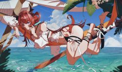 Rule 34 | 1girl, absurdres, arknights, bare shoulders, barefoot, bikini, black bikini, blue sky, blush, closed mouth, cloud, contrail, day, detached sleeves, full body, hair intakes, highres, horizon, horns, huge weapon, long hair, long sleeves, looking at viewer, lying, navel, ocean, on stomach, outdoors, palm tree, puffy long sleeves, puffy sleeves, purple eyes, qiushannan, red hair, sky, solo, surtr (arknights), surtr (colorful wonderland) (arknights), swimsuit, swimsuit cover-up, sword, thigh strap, tree, very long hair, water, weapon