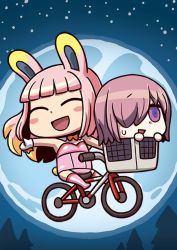Rule 34 | 2girls, animal ears, april fools, bicycle, bicycle basket, blush stickers, chibi, closed eyes, e.t., fate/grand order, fate (series), flying, full moon, gloves, hair over one eye, highres, in basket, long hair, mash kyrielight, moon, multiple girls, official art, open mouth, outstretched arm, parody, rabbit ears, riding, riding bicycle, riyo (lyomsnpmp), riyo servant (bunnygirl) (fate), smile, white gloves