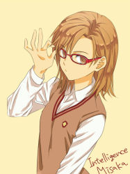 Rule 34 | 1girl, bespectacled, brown eyes, brown hair, character name, glasses, inoichi, misaka imouto, red-framed eyewear, school uniform, simple background, solo, sweater vest, toaru majutsu no index, yellow background
