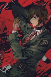 Rule 34 | 1girl, abstract background, belt, black belt, brown eyes, brown hair, caduceus, chain, coat, collared shirt, d (3i135), e.g.o (project moon), green coat, highres, holding, holding pocket watch, limbus company, long sleeves, looking to the side, outis (project moon), pocket watch, project moon, shirt, short hair, solo, striped clothes, striped shirt, upper body, watch, white shirt, wing collar