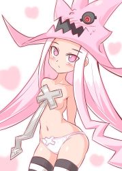 Rule 34 | 1girl, bad source, breasts, closed mouth, commentary request, cougar (cougar1404), dragon: marked for death, hat, long hair, looking at viewer, panties, simple background, solo, striped clothes, striped thighhighs, thighhighs, underwear, wand, white background, white hair, white panties, witch (dmfd)