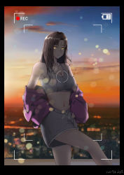 Rule 34 | 1girl, absurdres, black border, black hair, border, breasts, chinese commentary, cleavage, closed mouth, commentary request, dated, facial mark, fate/extra, fate/extra ccc, fate/grand order, fate (series), feet out of frame, forehead mark, forehead tattoo, grey shorts, grey tank top, hands on own hips, highres, jacket, jacket partially removed, large breasts, long hair, looking at viewer, lsp (fengzibushifenggou), navel, outdoors, parted bangs, pink jacket, sessyoin kiara, shorts, smile, solo, tank top, viewfinder