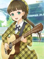 Rule 34 | 1girl, acoustic guitar, birthday, brown hair, green eyes, guitar, instrument, long sleeves, looking at viewer, love live!, love live! superstar!!, open mouth, outdoors, sakurakoji kinako, smile, solo, twintails, user uanm8875