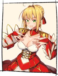 Rule 34 | 1girl, ahoge, blonde hair, blush, braid, breasts, cleavage, collarbone, dress, earrings, epaulettes, fate/extra, fate (series), french braid, green eyes, hair between eyes, hair bun, hair intakes, hair ribbon, hands on own chest, highres, jewelry, juliet sleeves, kei (soundcross), large breasts, long hair, long sleeves, looking at viewer, nero claudius (fate), nero claudius (fate) (all), nero claudius (fate/extra), puffy sleeves, red dress, red ribbon, ribbon, simple background, single hair bun, smile, solo, wide sleeves