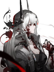 Rule 34 | 1girl, absurdres, arknights, blood, blood on face, blood on hands, breasts, closed mouth, dongsheng, ear piercing, gradient background, grey background, hand up, highres, horns, jacket, long hair, looking away, medium breasts, mudrock (arknights), open clothes, open jacket, piercing, pointy ears, red eyes, solo, upper body, very long hair, white background, white hair, white jacket