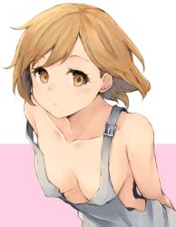Rule 34 | 1girl, absurdres, arms behind back, bad id, bad twitter id, bare shoulders, breasts, brown eyes, brown hair, cleavage, collarbone, djeeta (granblue fantasy), downblouse, granblue fantasy, highres, koretsuki azuma, leaning forward, looking at viewer, medium breasts, no bra, overalls, parted lips, short hair, simple background, solo, strap slip