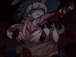 Rule 34 | 1girl, animal ears, animal hat, apron, blood, blood in hair, blood on clothes, blood on hat, blood splatter, club, club (weapon), crying, crying with eyes open, glowing, glowing eyes, hat, highres, holding, holding weapon, horror (theme), irisu kyouko, irisu shoukougun!, long hair, long sleeves, looking at viewer, open mouth, pink shirt, rabbit ears, red background, red eyes, ryuh (asahina neru), shirt, solo, spiked club, tears, upper body, weapon, white apron, white hair, witch hat