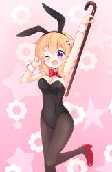 Rule 34 | 1girl, ;d, animal ears, arm up, armpits, black leotard, black pantyhose, blush, bow, bowtie, breasts, cane, cleavage, commentary request, detached collar, fake animal ears, gochuumon wa usagi desu ka?, hair ornament, hairclip, high heels, highres, holding, hoto cocoa, leotard, looking at viewer, massala, medium breasts, one eye closed, open mouth, orange hair, pantyhose, pink background, playboy bunny, purple eyes, rabbit ears, rabbit tail, red bow, red bowtie, red footwear, short hair, smile, solo, standing, standing on one leg, star (symbol), starry background, tail, v, v over eye, wrist cuffs