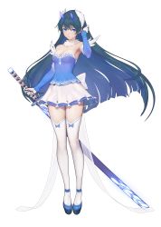 Rule 34 | 1girl, absurdres, bare shoulders, black hair, blue eyes, breasts, cleavage, detached collar, detached sleeves, full body, gloves, gorgeous mushroom, tucking hair, highres, holding, holding sword, holding weapon, horns, illusion connect, long hair, looking at viewer, medium breasts, ribbon-trimmed legwear, ribbon trim, saya (illusion connect), scabbard, sheath, skirt, solo, strapless, sword, thighhighs, transparent background, very long hair, weapon, white gloves, white thighhighs, zettai ryouiki