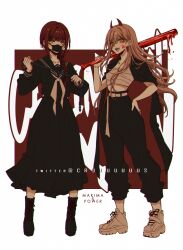 Rule 34 | 2girls, :d, artist name, black footwear, black pants, black sailor collar, black serafuku, blonde hair, blood, braid, breasts, chain, chainsaw man, character name, collarbone, criis-chan, fangs, full body, holding, holding weapon, horns, jacket, jacket on shoulders, long hair, makima (chainsaw man), mask, mouth mask, multiple girls, neckerchief, open mouth, pants, power (chainsaw man), red background, red eyes, red hair, sailor collar, sarashi, school uniform, serafuku, sharp teeth, shoes, small breasts, smile, standing, teeth, two-sided fabric, two-sided jacket, weapon, white background, white neckerchief