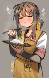 Rule 34 | 1girl, :t, apron, black sailor collar, black shirt, black skirt, blush, breasts, brown hair, closed eyes, closed mouth, collarbone, commentary request, curry, eating, ergot, food, fubuki (kancolle), green nails, grey background, hair between eyes, hair ribbon, holding, holding plate, holding spoon, kantai collection, layered sleeves, long sleeves, low ponytail, medium breasts, medium hair, motion lines, nail polish, plate, polearm, ribbon, rice, sailor collar, shirt, short over long sleeves, short sleeves, sidelocks, signature, simple background, skirt, sleeves past wrists, solo, spoon, upper body, weapon, white shirt, yellow ribbon