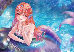 Rule 34 | 1girl, :d, absurdres, breasts, cleavage, colored inner hair, fang, fins, gradient hair, head fins, highres, jewelry, looking at viewer, lying, medium breasts, mermaid, monster girl, multicolored hair, necklace, on stomach, open mouth, orange eyes, orange hair, original, pearl necklace, pink hair, sharon nana, shell, shell bikini, skin fang, smile, solo, water