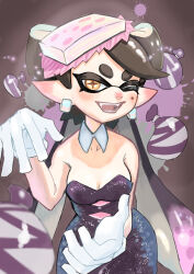 Rule 34 | 1girl, absurdres, bare arms, bare shoulders, black hair, black jumpsuit, bow-shaped hair, breasts, callie (splatoon), cleavage, collarbone, detached collar, earrings, fangs, flipped hair, food, food on head, gloves, highres, hoop earrings, inkling, jewelry, jumpsuit, long hair, medium breasts, mole, mole under eye, nintendo, object on head, one eye closed, pointy ears, short jumpsuit, solo, splatoon (series), strapless, sushi, swept bangs, tentacle hair, thick eyebrows, tombiham, twintails, white gloves, yellow eyes