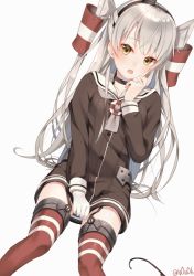 Rule 34 | 10s, 1girl, amatsukaze (kancolle), between thighs, blush, brown eyes, dress, dress tug, garter straps, gloves, hair ornament, hair tubes, jewelry, kantai collection, long hair, long sleeves, looking at viewer, open mouth, red thighhighs, ring, sailor dress, short dress, signature, silver hair, simple background, single glove, solo, striped clothes, striped thighhighs, thighhighs, two side up, very long hair, white background, you06